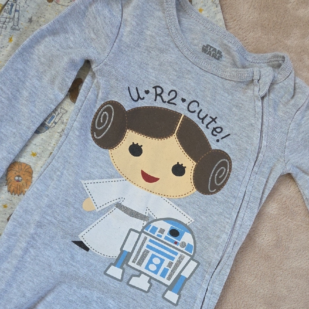 STAR WARS Princess Leia R2-D2 Baby Girls 2 Pack Zip Up Sleep N' Play Footie 12m - Picture 3 of 12